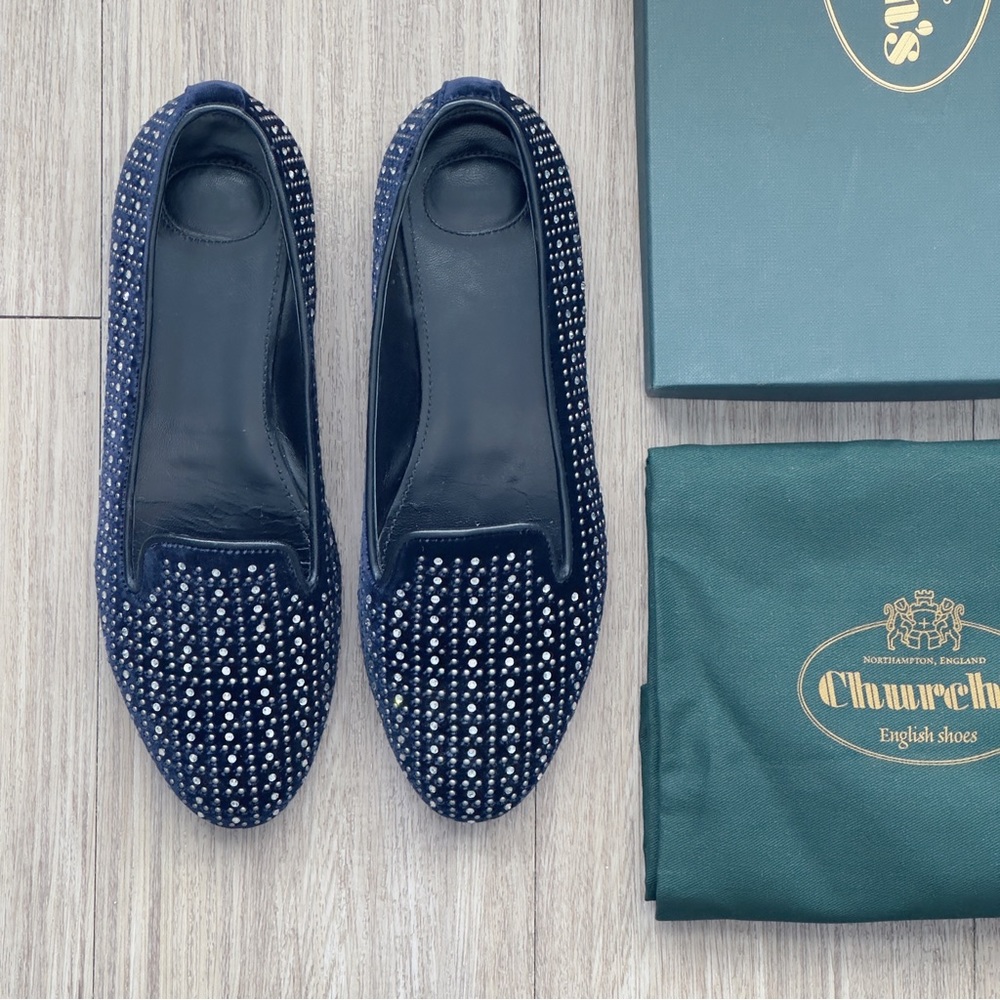 [SOLD] Church’s embellished velvet loafers w/ crystal and stud embellishments
